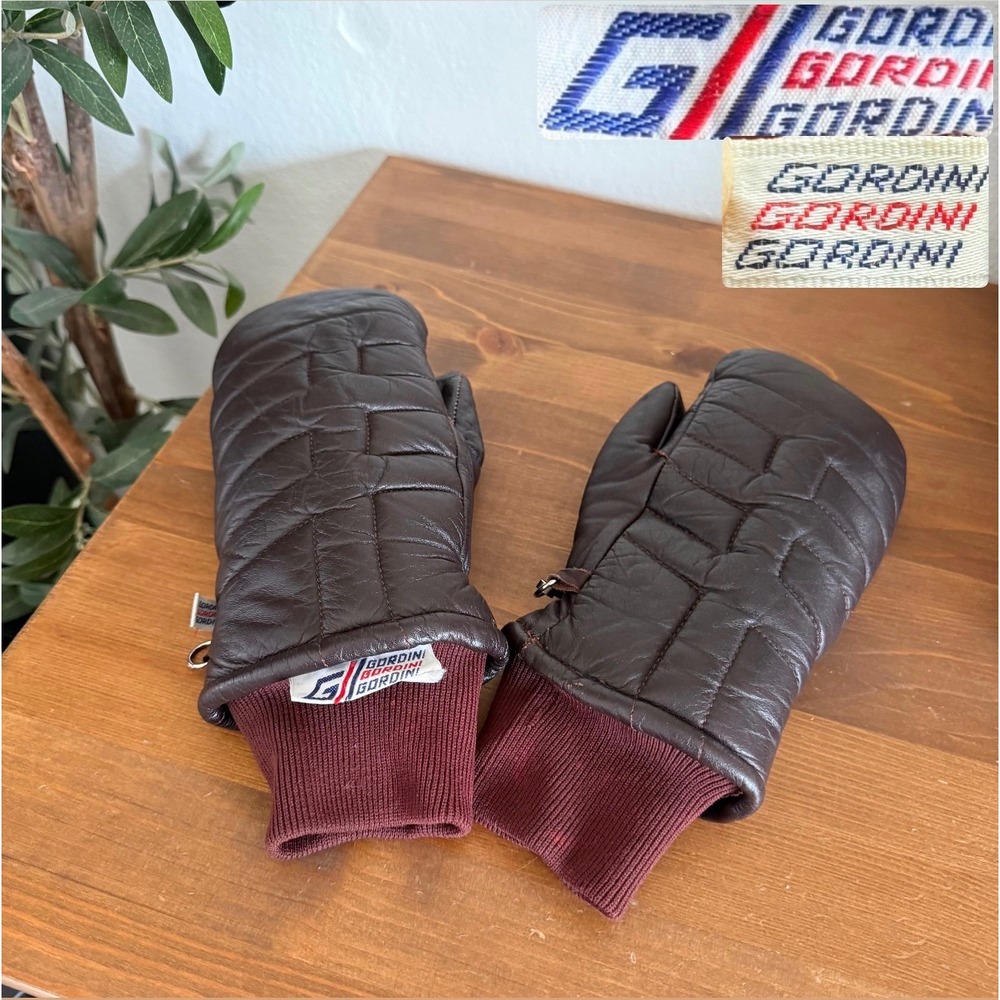 Gordini Vintage Brown Leather Quilted Mittens Women Small Burgundy Knit Cuff